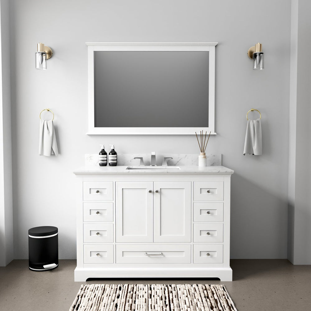 English Elm White 48-in Single Bath Vanity with 46-in Mirror, Wood Cabinet, 9 Drawers + Open Shelf Storage B2731S00486