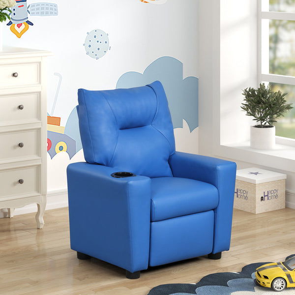 English Elm PVC Kids Recliner Chair with Cupholder and Easy-Clean Fabric, Comfortable Reclining Seat for Room Fun Blue B016P404585