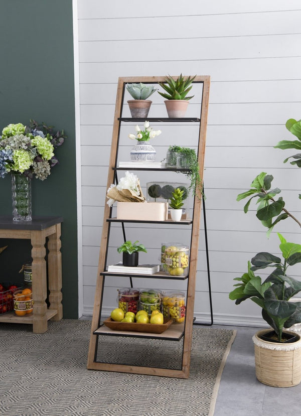 English Elm 24.8x26.4x72.4" Five Tier Fir Wood Ladder Bookshelf Farmhouse Iron Hardware Display W2078P499743