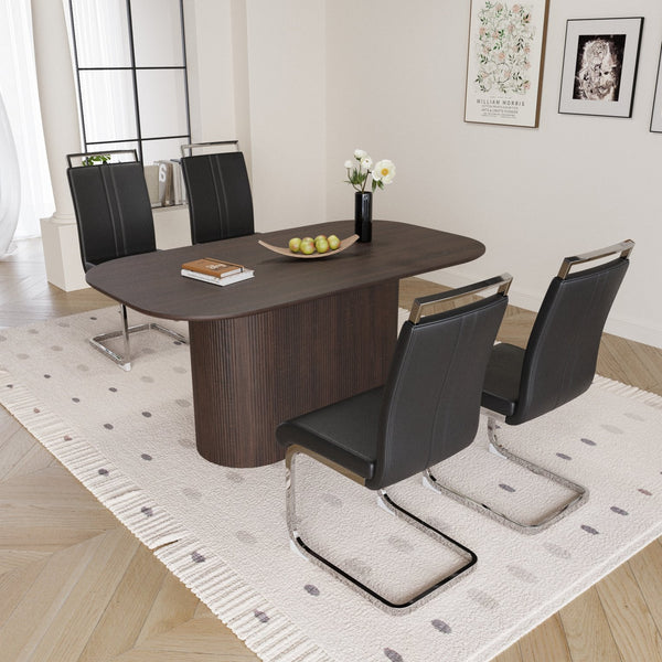English Elm 63" Modern Brown Mdf Dining Table Set With 4 Pu Armless Chairs & Silver Legs – Stylish Comfort! W2189S00672