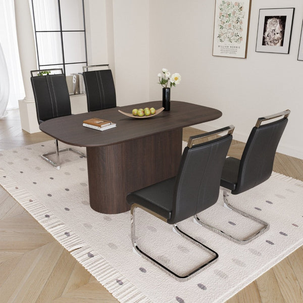 English Elm 63 Inch Mdf Dining Table Set with Four Pu Leather Chairs Silver Metal Legs Modern Brown+Black W2189S00885