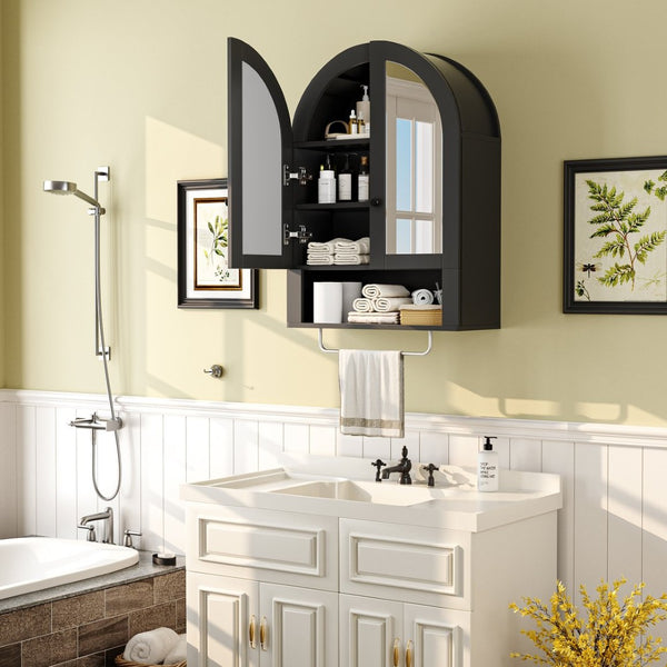 English Elm Wall Mounted Arched Cabinet Tempered Glass Doors Led Lighting Adjustable Shelves Bathroom Black T3210P471557