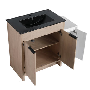 English Elm 42 Inch Freestanding Bathroom Vanity With Black Ceramic Sink & Ample Storage, Soft-Close Doors W999S00305