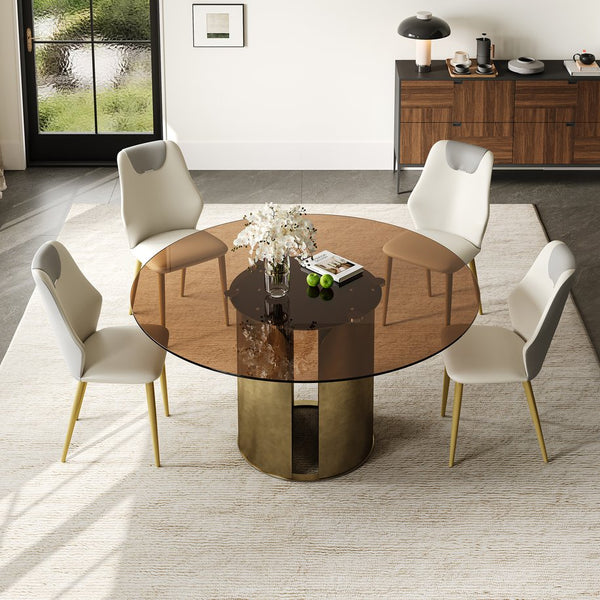 English Elm 59-Inch Modern Round Dining Table Set With Dark Brown Glass Top & Antique Copper Steel Legs For Stylish Dining W509S00146