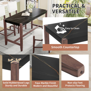 English Elm 5-Piece Counter Height Dining Set with Faux Marble Top and Upholstered Seats, Mid-Century Pub Charm Black+Beige N752S000086D