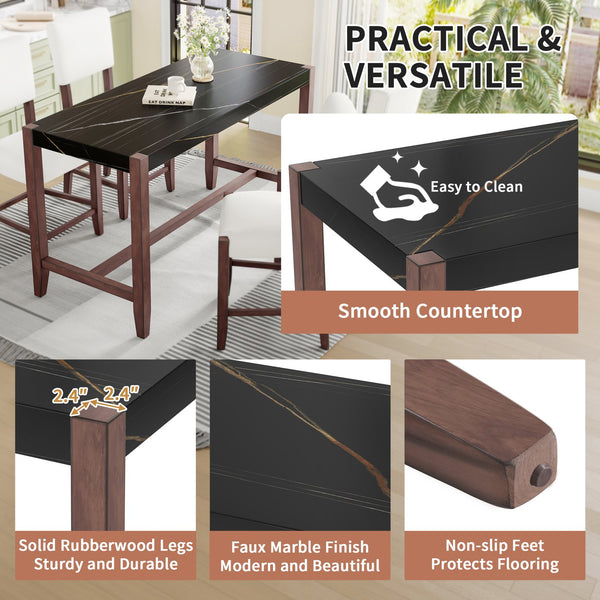 English Elm 5-Piece Counter Height Dining Set with Faux Marble Top and Upholstered Seats, Mid-Century Pub Charm Black+Beige N752S000086D