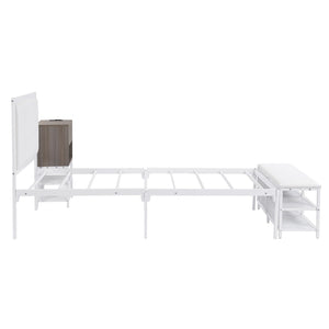 English Elm Twin Metal Platform Bed With Cushioned Footrest, Two-Tier Shelves & Wooden Storage Cabinet, White N737P199330K-GIGA