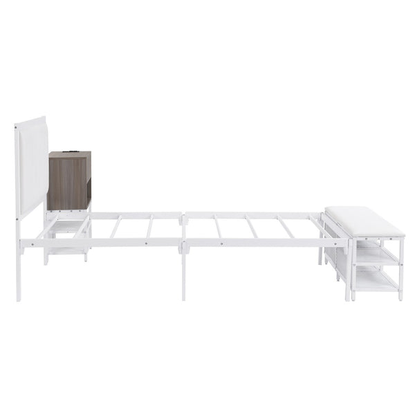 English Elm Twin Metal Platform Bed With Cushioned Footrest, Two-Tier Shelves & Wooden Storage Cabinet, White N737P199330K-GIGA