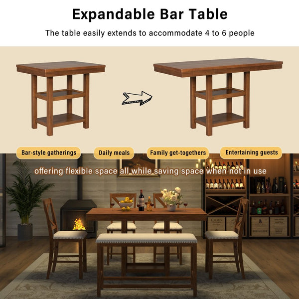 English Elm U_style Rubberwood Farmhouse Bar Table Set Expandable Crossback Chairs Bench Seating Brown WY000534AAD