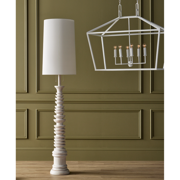 Malayan White Floor Lamp – Elegant Bohemian Design with Fluted Rubber Wood Base & Off-White Linen Shade