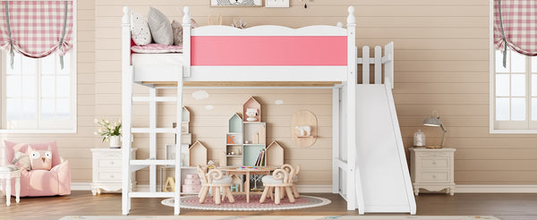 English Elm Queen Loft Bed With Fun Slide, Storage Shelves, Solid Wood Construction, Pink & White Finish, Easy Assemble W1580S00248-GIGA