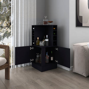 English Elm FM Corner Bar Cabinet with 8-Bottle Rack, Open Display Shelves and Hidden Storage for Home Entertaining Black 47.2 L x 23.2 W x 4.7 H B128P269881