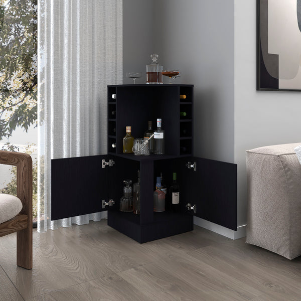 English Elm FM Corner Bar Cabinet with 8-Bottle Rack, Open Display Shelves and Hidden Storage for Home Entertaining Black 47.2 L x 23.2 W x 4.7 H B128P269881
