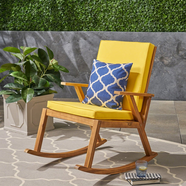 English Elm Champlain Outdoor Acacia Wood Rocking Chair with Cross-back Design and Cushions Teak+Yellow 62685.00YLW