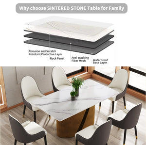 English Elm 63" Modern Rectangular Dining Table With Sintered Stone Top & Bronze Iron Base For 6-8 People W1535S00356