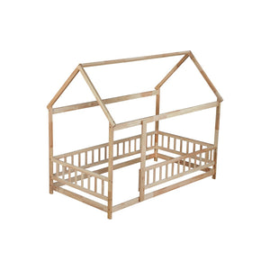English Elm Twin House Frame Floor Bed Rubberwood with Roof Canopy and Safety Rails for Kids Natural W504P429345