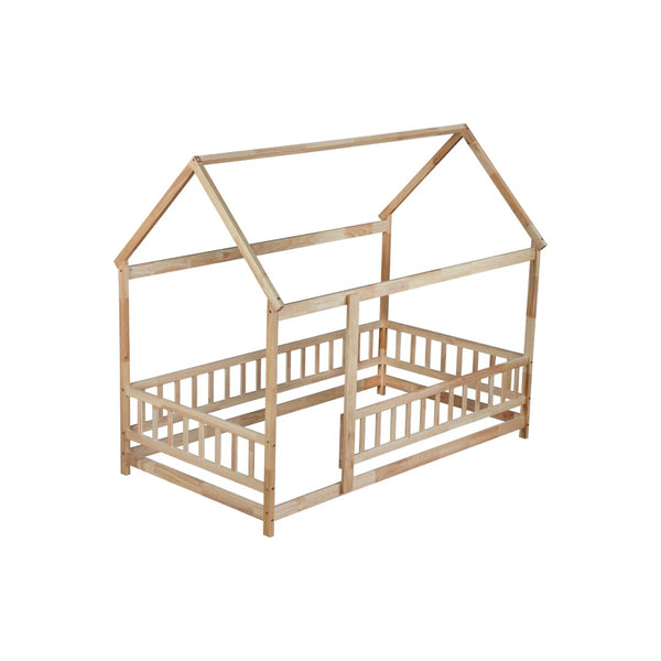 English Elm Twin House Frame Floor Bed Rubberwood with Roof Canopy and Safety Rails for Kids Natural W504P429345