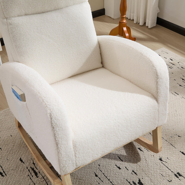 English Elm Modern Teddy Rocking Chair with Solid Wood Legs, High Back Nursery Glider, Side Pocket, 300LB Capacity W3723P409072