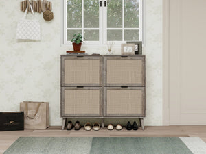English Elm 4 Door Rattan Shoe Cabinet with Pine Legs Slim Entryway Storage Modern Style W688P173281