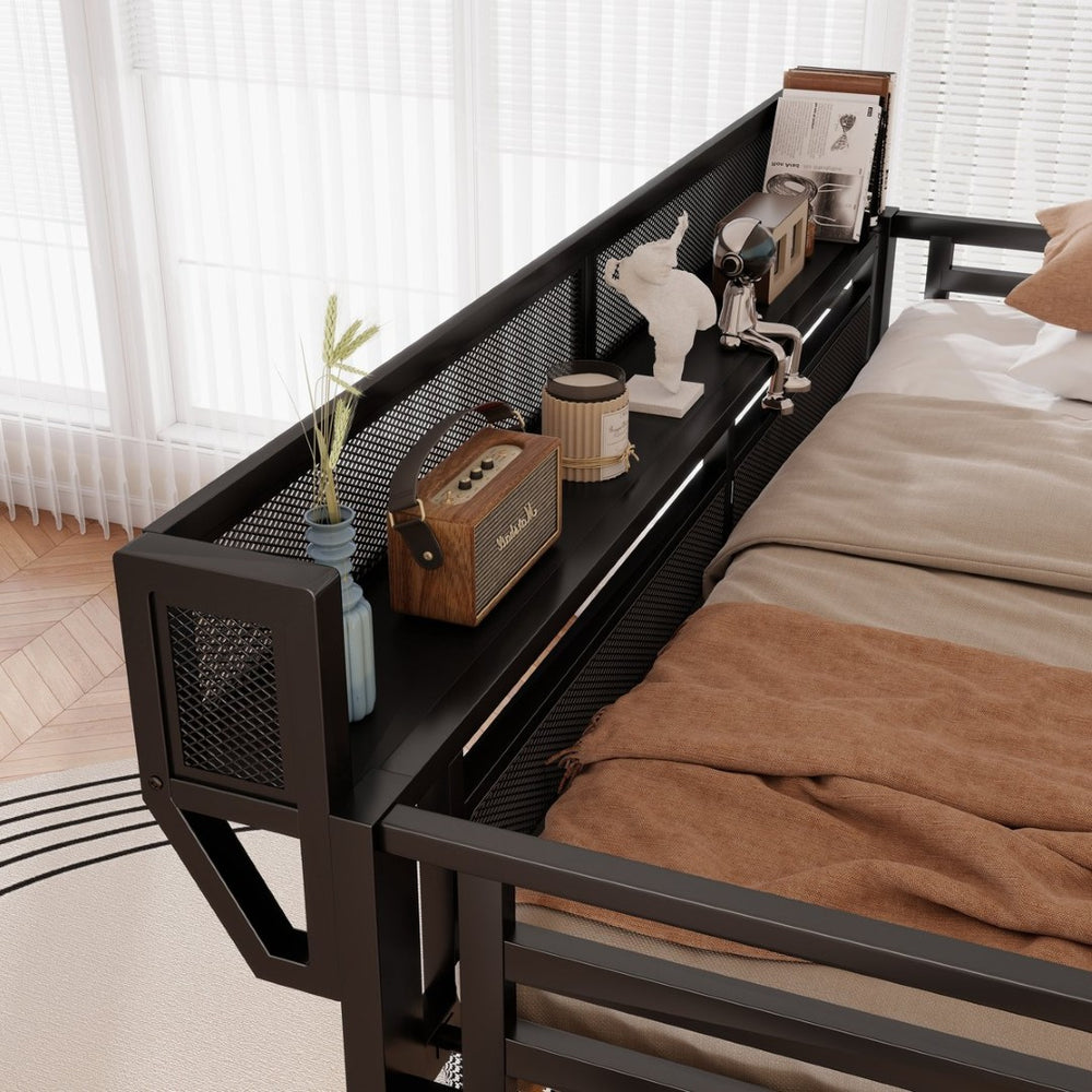 English Elm Full Metal Loft Bed with Stairs Wardrobe Rgb Lighting and Storage for Teens W2580S00066