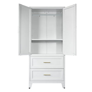 English Elm 71" Tall Metal Wardrobe Cabinet with 2 Drawers, Adjustable Shelf & Hanging Rod — Space-Saving White Closet Organizer W3387P351602