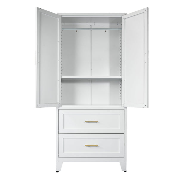 English Elm 71" Tall Metal Wardrobe Cabinet with 2 Drawers, Adjustable Shelf & Hanging Rod — Space-Saving White Closet Organizer W3387P351602