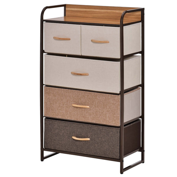 English Elm HOMCOM 5-Drawer Dresser with Foldable Fabric Drawers, Steel Frame & Maple Top — Safe Spacious Storage W2225P229648
