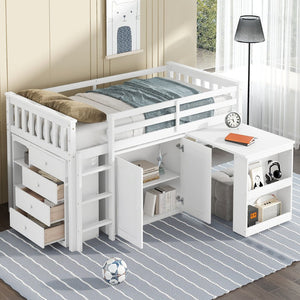 English Elm Twin Loft Bed Rubberwood Frame Pull Out Desk Storage Cabinet and Shelf Kids Room White W504S00288