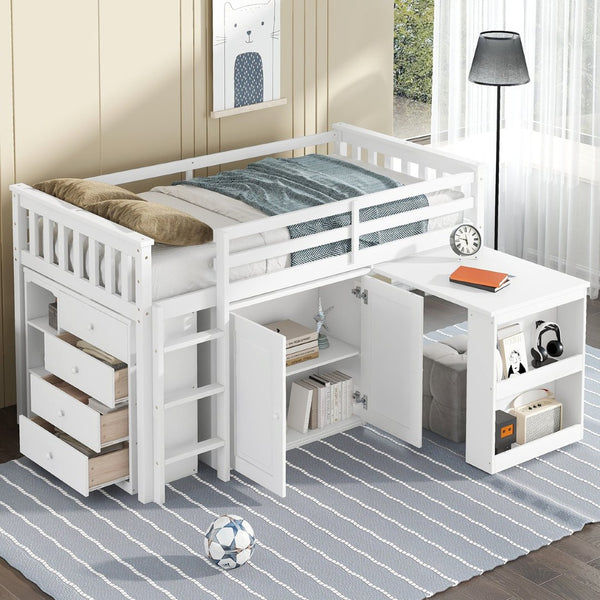 English Elm Twin Loft Bed Rubberwood Frame Pull Out Desk Storage Cabinet and Shelf Kids Room White W504S00288