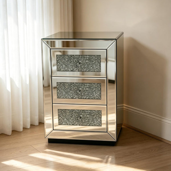 English Elm 3-drawer Mirrored Nightstand with Glitter Glam Silver Finish for Bedroom or Entryway W3935P462091