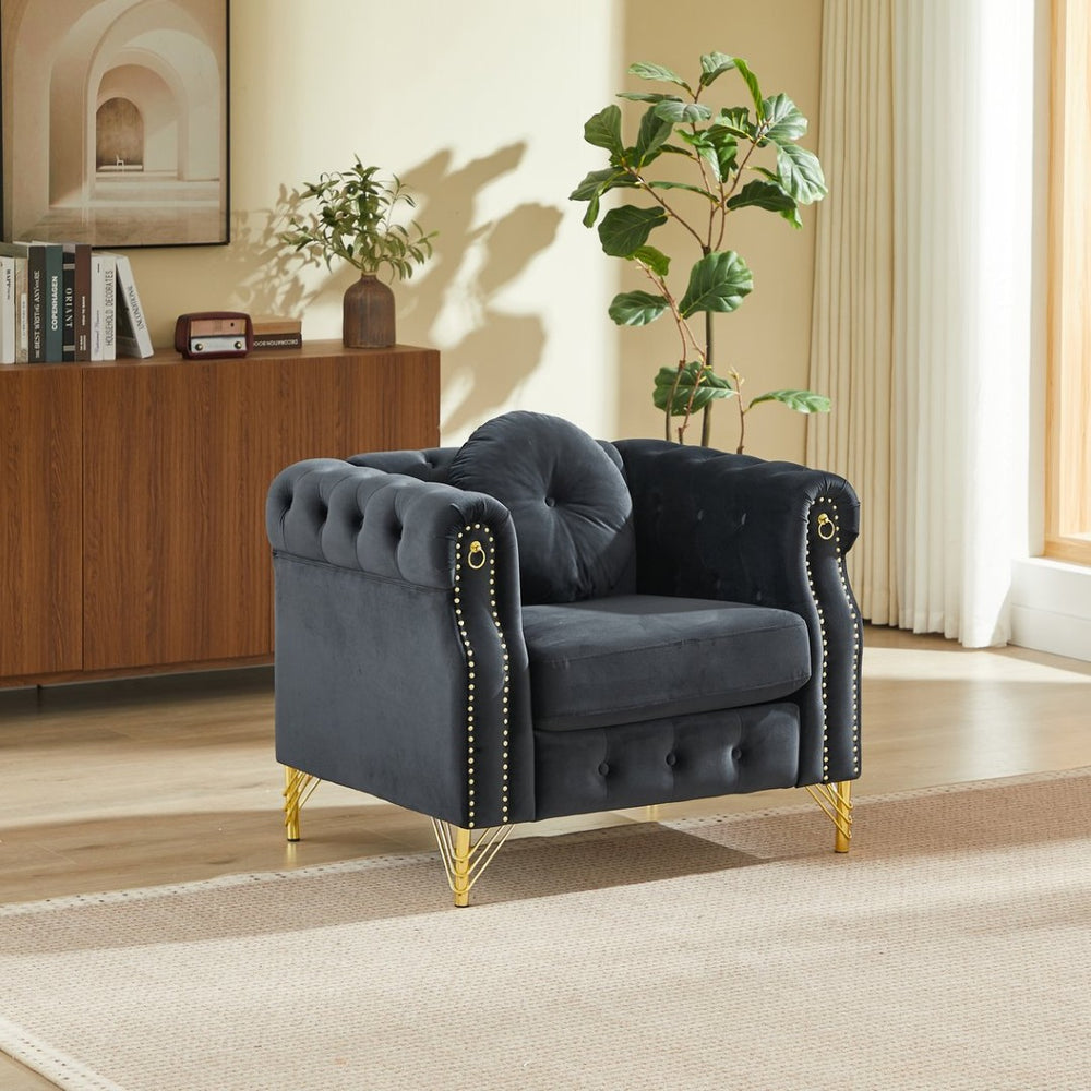 English Elm Velvet Tufted Chesterfield Sofa with Copper Stud Trim and Gold Metal Legs Black W834P423610