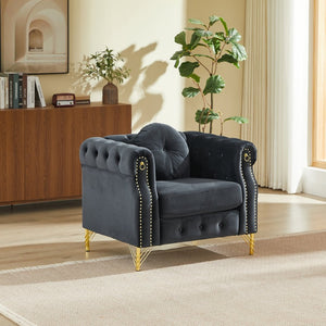 English Elm Velvet Tufted Chesterfield Sofa with Copper Stud Trim and Gold Metal Legs Black W834P423610