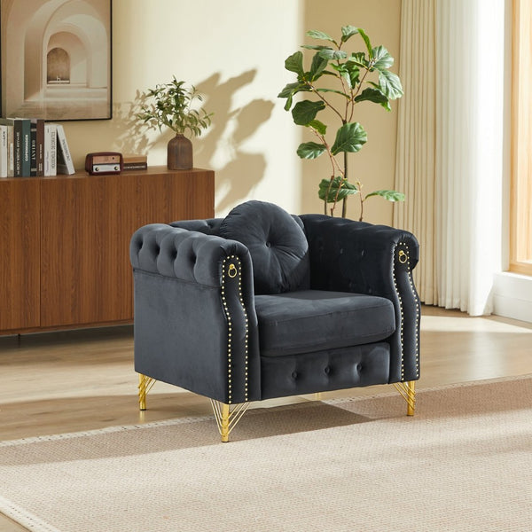 English Elm Velvet Tufted Chesterfield Sofa with Copper Stud Trim and Gold Metal Legs Black W834P423610