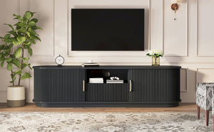 English Elm Vintage Farmhouse Media Console with Slatted Sliding Doors and Brass Hardware for Living Room Black N721P427206B