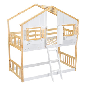 English Elm Twin House Bunk Bed with Roof, Window Box, Door, Guardrails & Ladder—Sturdy Pine Playful Design for Kids Natural+White W504S00147