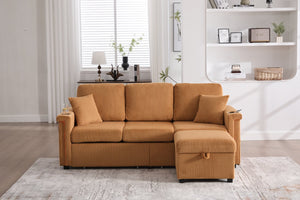 English Elm UNITED Corduroy L-Shaped Sectional Sofa with Storage Ottoman, USB Ports, Cup Holders & LED Lighting Mustard yellow W1568P332403