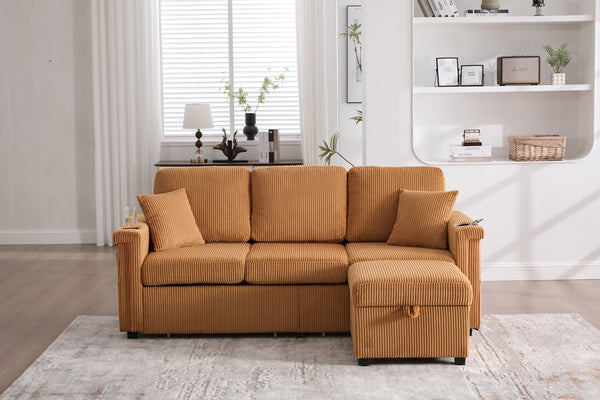 English Elm UNITED Corduroy L-Shaped Sectional Sofa with Storage Ottoman, USB Ports, Cup Holders & LED Lighting Mustard yellow W1568P332403