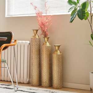 English Elm Metal Decorative Vases Set Of 3 - Antique Gold Finish With Etched Vine Patterns For Elegant Décor W2796P192834