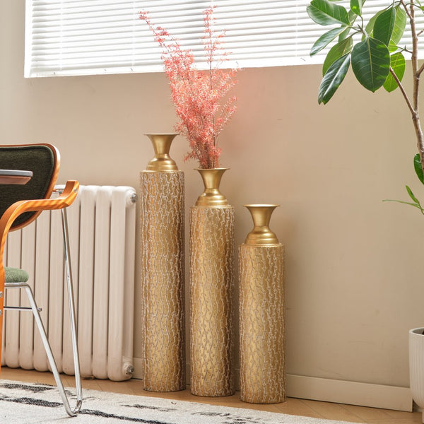 English Elm Metal Decorative Vases Set Of 3 - Antique Gold Finish With Etched Vine Patterns For Elegant Décor W2796P192834