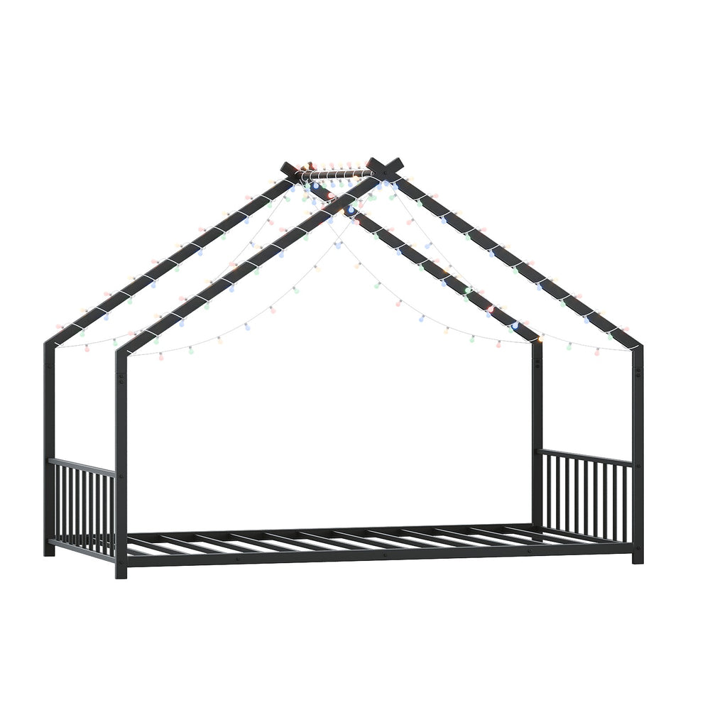 English Elm Twin iron roof bed frame with LED light strips for kids, sturdy 350lb capacity, easy 30-min assembly Black W1820P308329