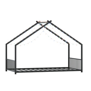 English Elm Twin iron roof bed frame with LED light strips for kids, sturdy 350lb capacity, easy 30-min assembly Black W1820P308329