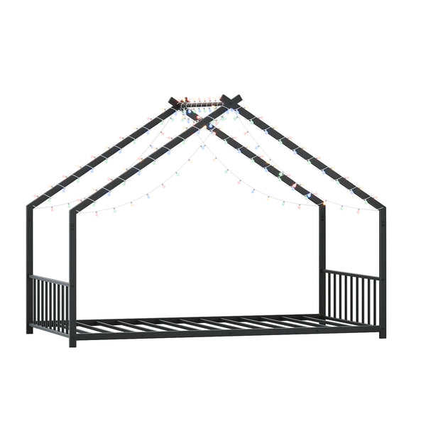 English Elm Twin iron roof bed frame with LED light strips for kids, sturdy 350lb capacity, easy 30-min assembly Black W1820P308329