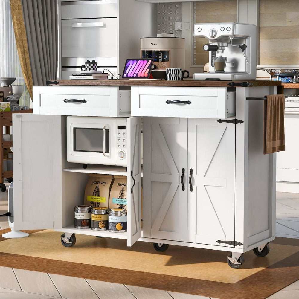 English Elm K&k Farmhouse Rolling Kitchen Island with Drop Leaf Power Outlets and Storage Cabinet White N707S170348W