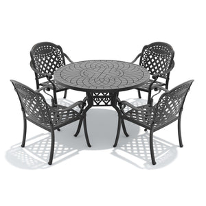 English Elm 5-piece Cast Aluminum Outdoor Dining Set with Carved Relief Frame and Cushioned Seats W1710S00635