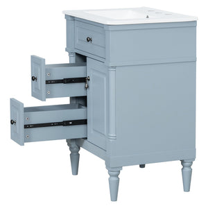 English Elm 24 Inch Freestanding Vanity with Ceramic Sink Rubberwood Frame Matte Finish Storage Blue+Grey N725P356058E