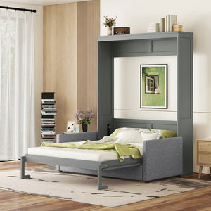 English Elm Queen Murphy Bed with Linen Cushion Sofa Folds Flat for Studio or Guest Room LP000891AAE