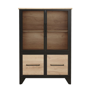 English Elm Storage Cabinet Matte Iron Four Door Sideboard with Adjustable Shelf for Modern Interiors Black+Natural W3151P407883
