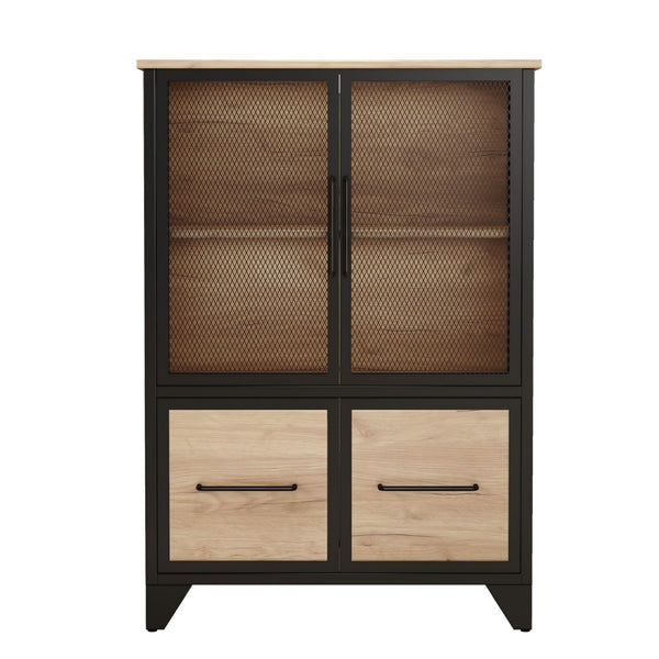 English Elm Storage Cabinet Matte Iron Four Door Sideboard with Adjustable Shelf for Modern Interiors Black+Natural W3151P407883