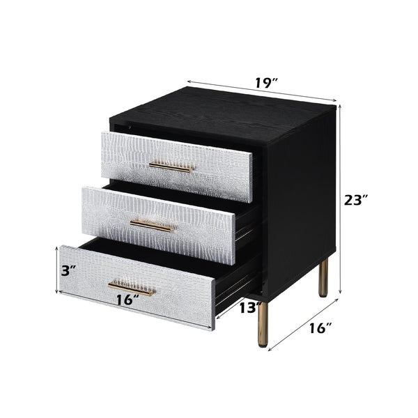 English Elm Myles Black, Silver & Gold Finish Nightstand with 3 Patterned Drawers, Metal Legs, Smooth Glide Mechanism B2726P265148