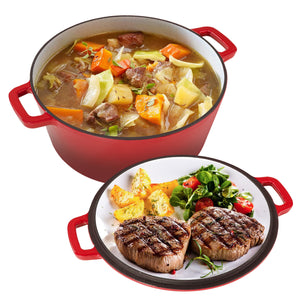 English Elm Enamel Cast Iron Dutch Oven 6QT with 2QT Lid — Versatile 2-in-1 Stew Pot and Frying Pan Set for Home Cooking Red T3950P391585